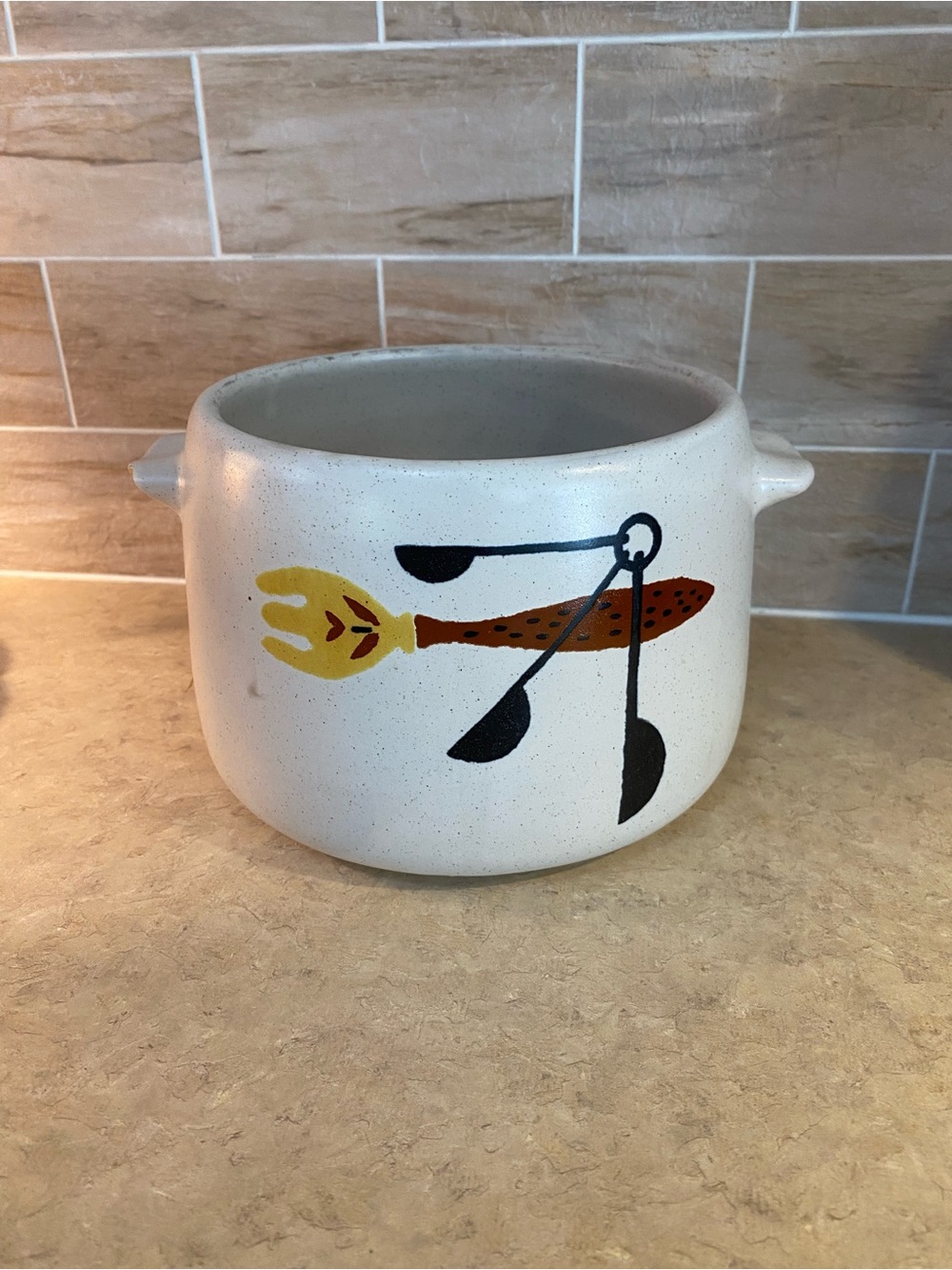 White Ceramic Decorative Planter with Mid-Century Graphic